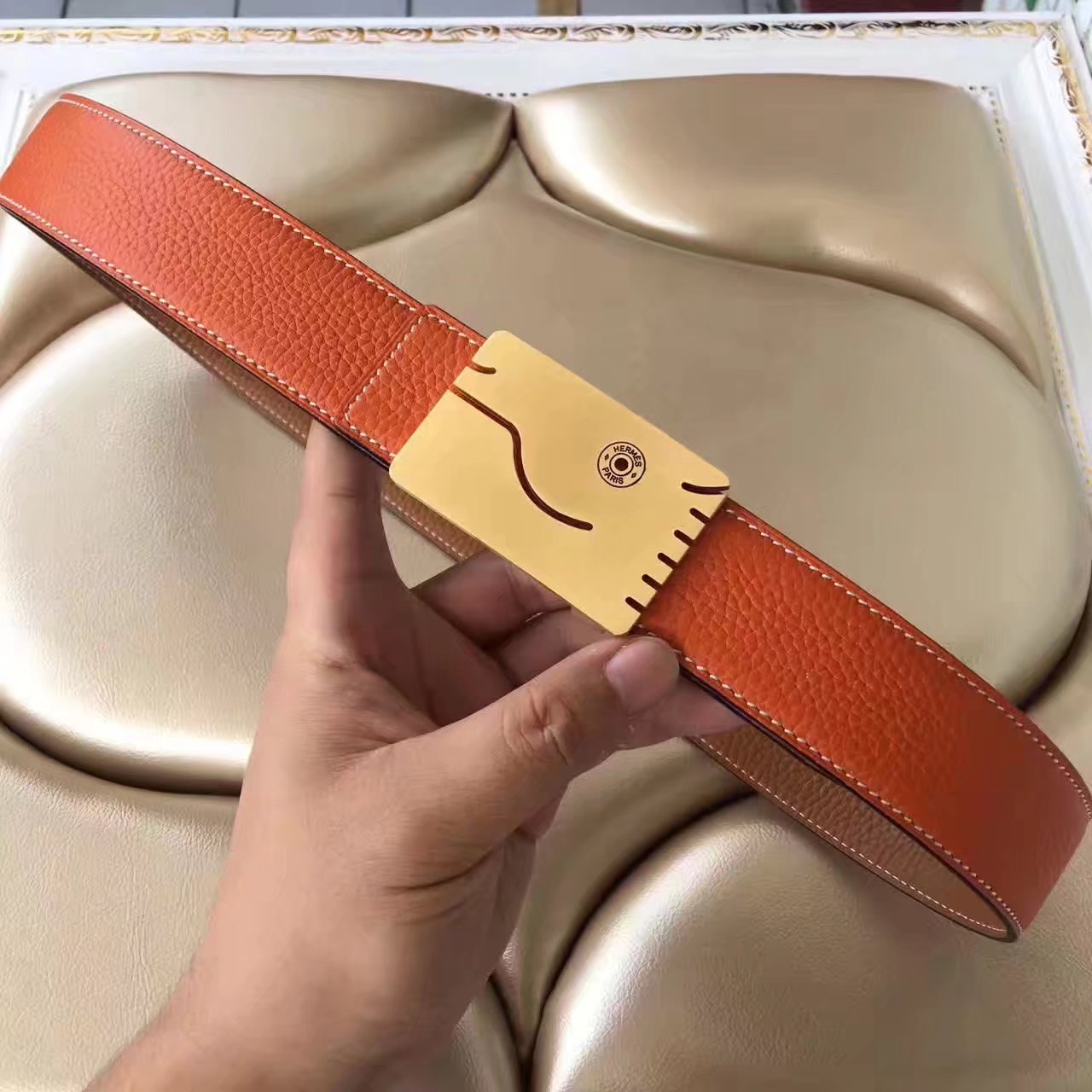 Hermes Leather Reversible Orange Belt With Gold H Buckle 008