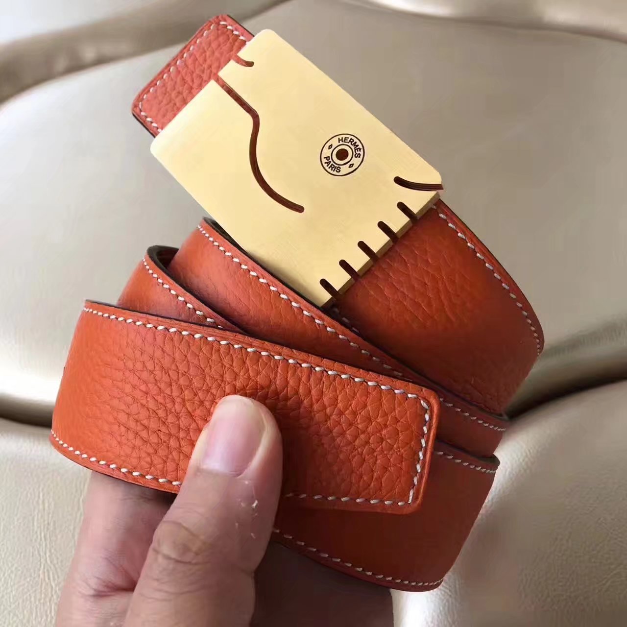 Hermes Leather Reversible Orange Belt With Gold H Buckle 008