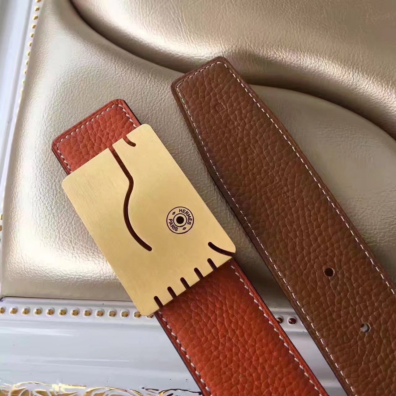 Hermes Leather Reversible Orange Belt With Gold H Buckle 008