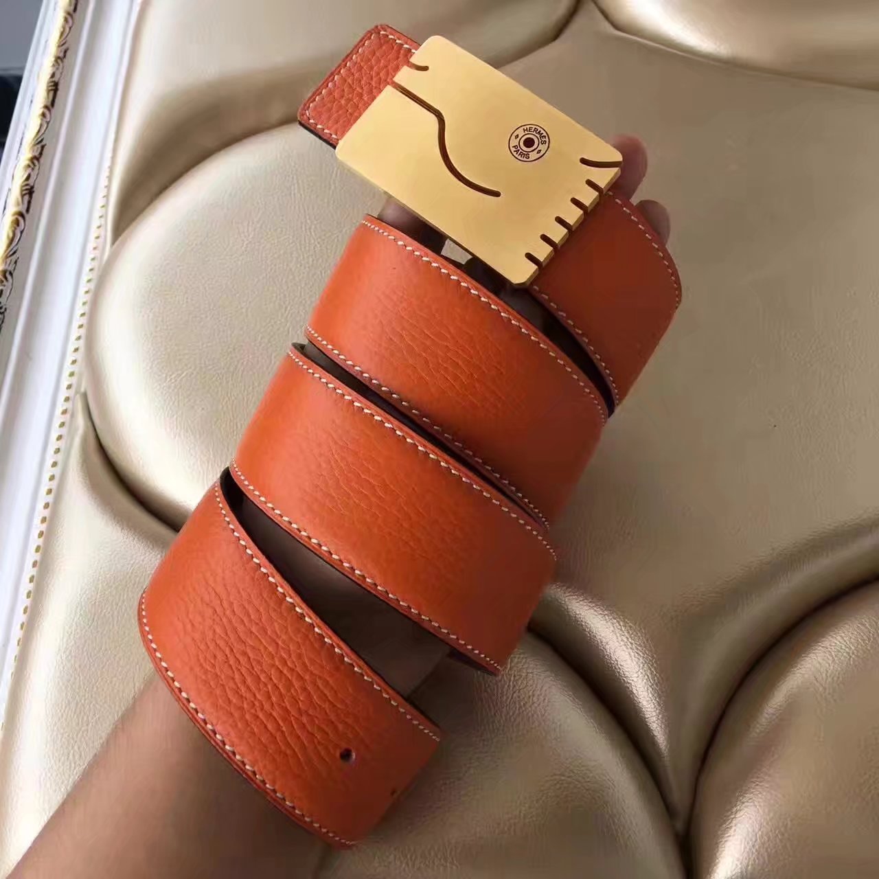 Hermes Leather Reversible Orange Belt With Gold H Buckle 008