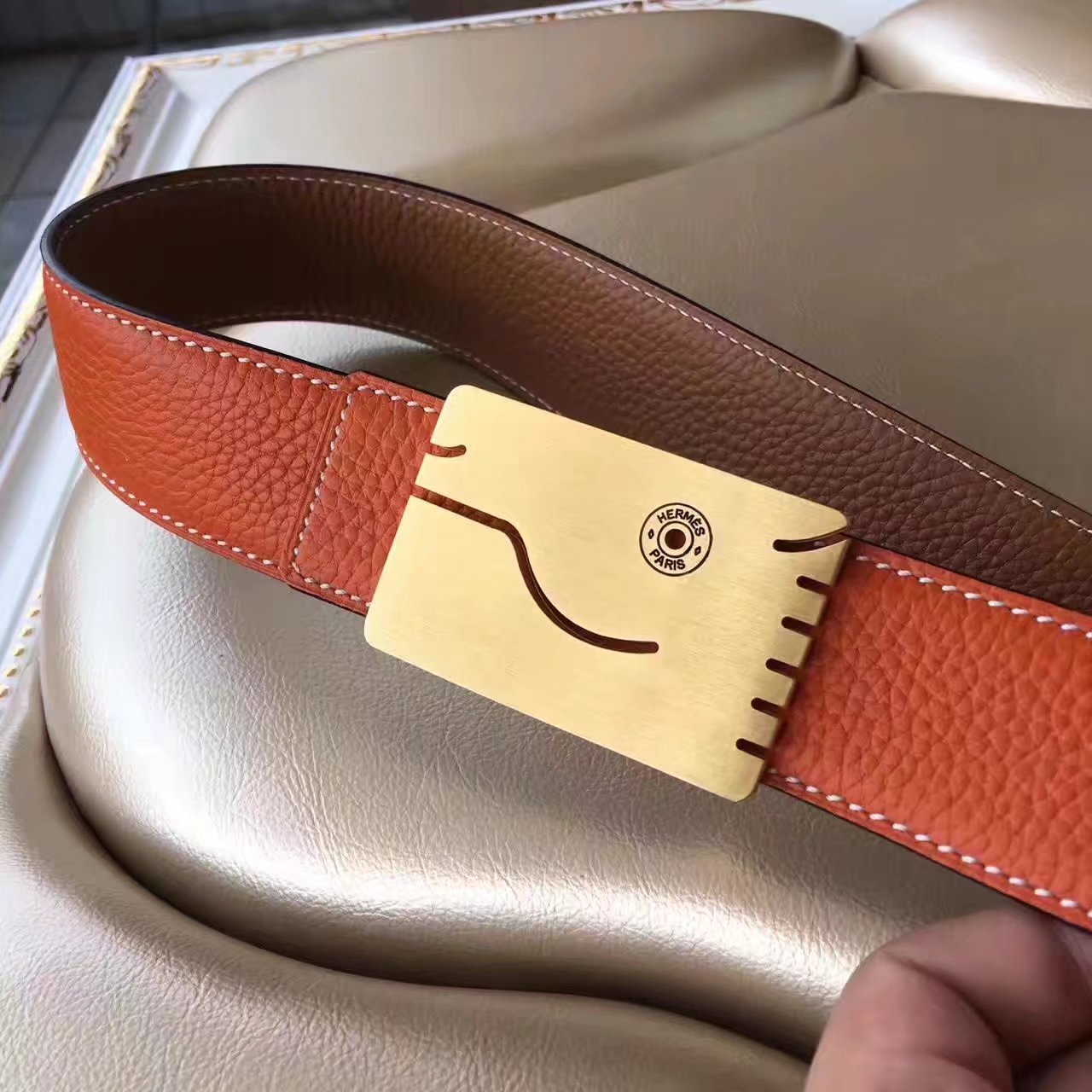 Hermes Leather Reversible Orange Belt With Gold H Buckle 008