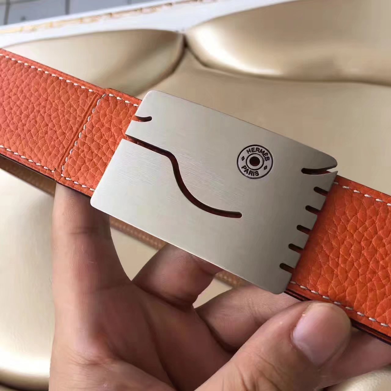 Hermes Leather Reversible Orange Belt With Silver Buckle 009