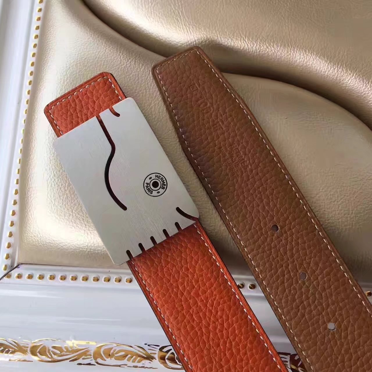 Hermes Leather Reversible Orange Belt With Silver Buckle 009