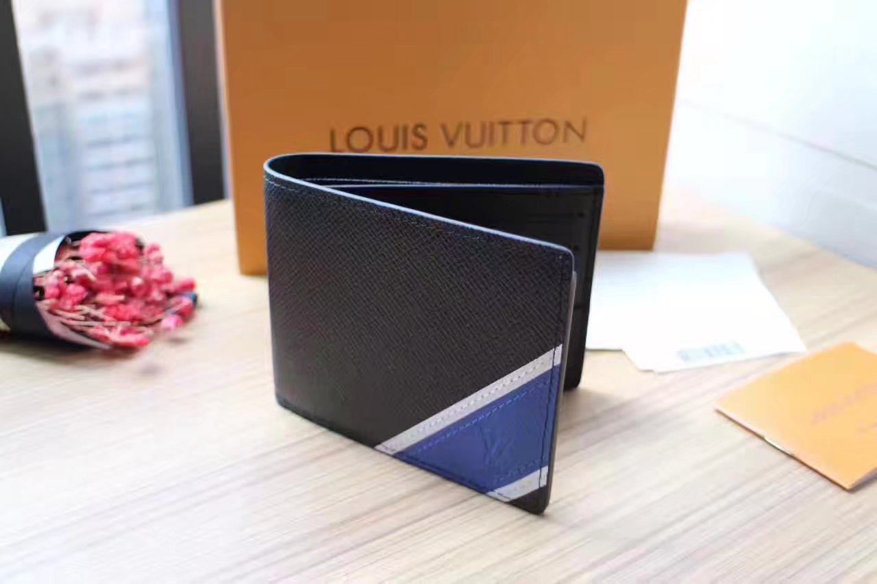 Louis Vuitton M64014 Multiple Wallet Ardoise Taiga Leather Stripe