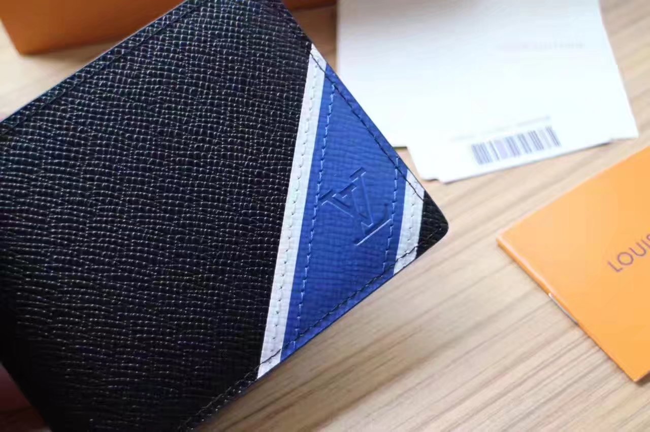 Louis Vuitton M64014 Multiple Wallet Ardoise Taiga Leather Stripe