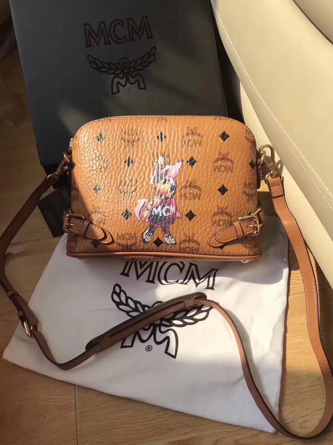 MCM Women Rabbit Leather Shoulder Bag Cognac