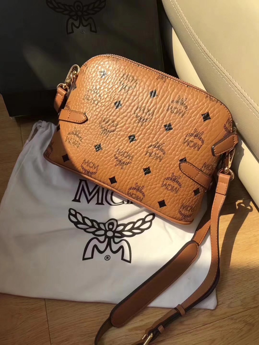 MCM Women Rabbit Leather Shoulder Bag Cognac