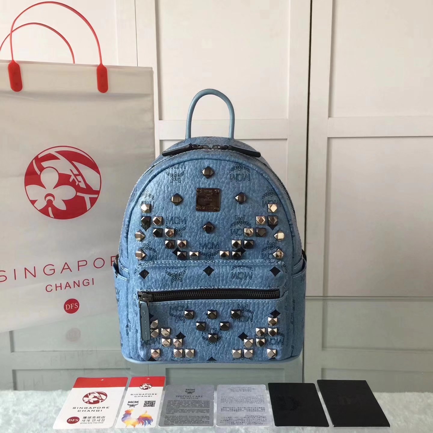 MCM Women Stark Backpack In Studded Visetos 3Size Blue