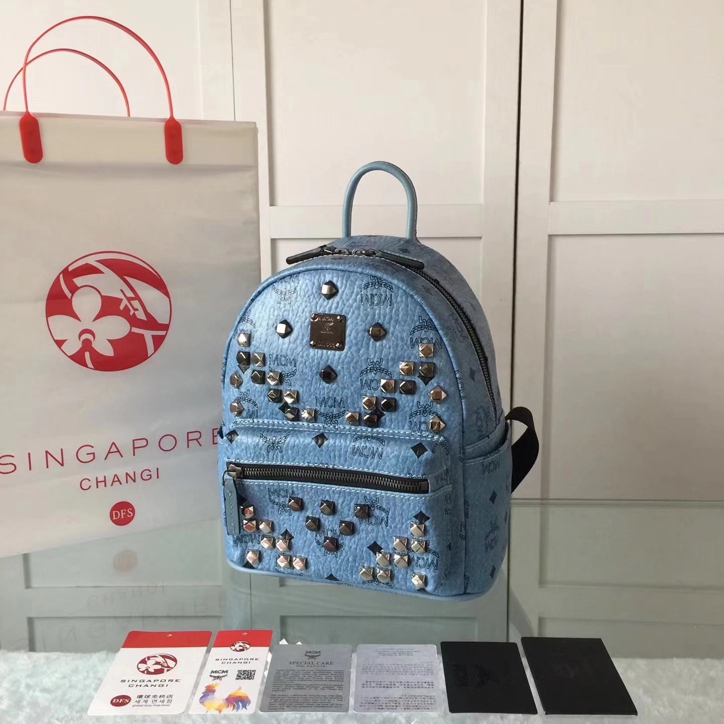 MCM Women Stark Backpack In Studded Visetos 3Size Blue