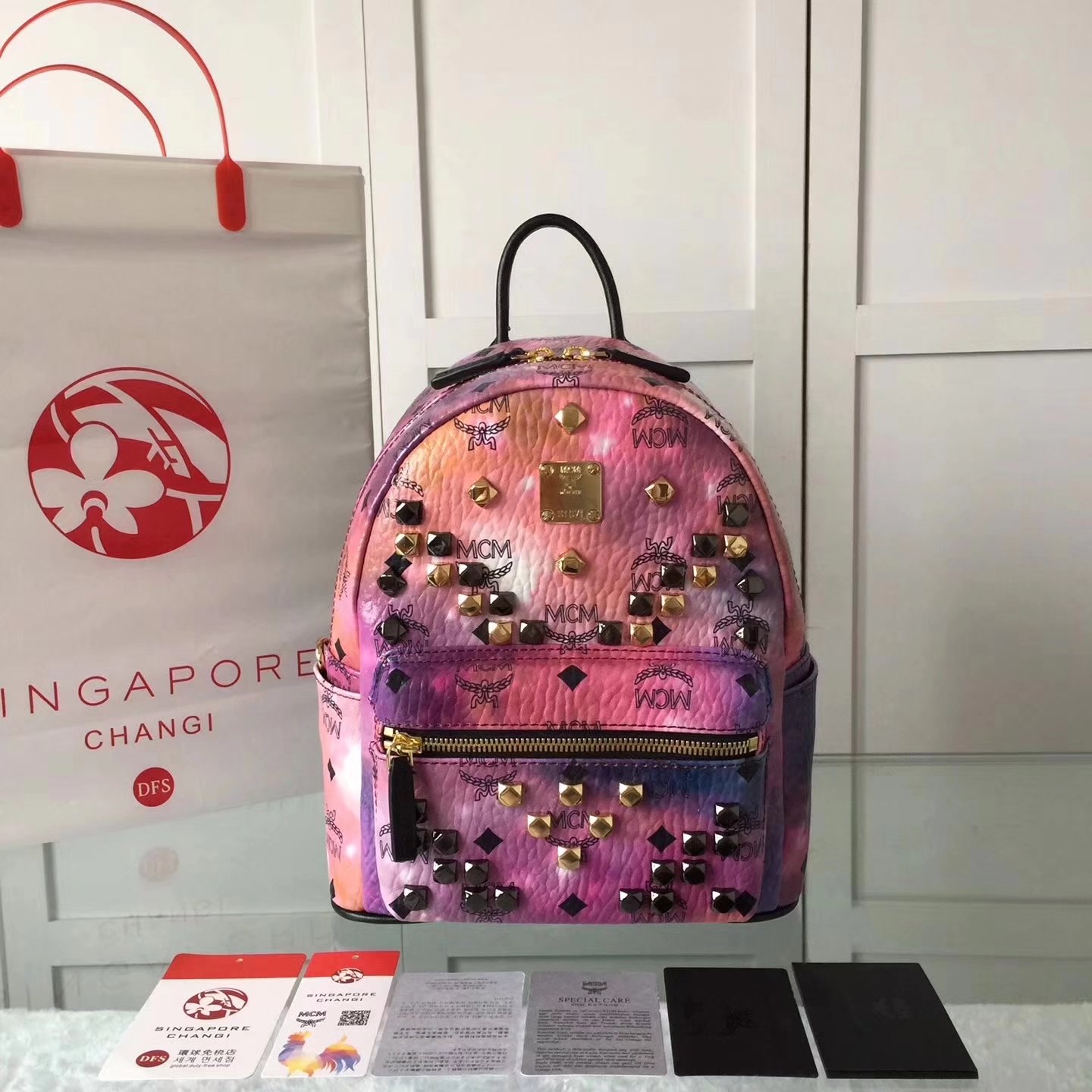 MCM Women Stark Backpack In Studded Visetos 3Size Pink