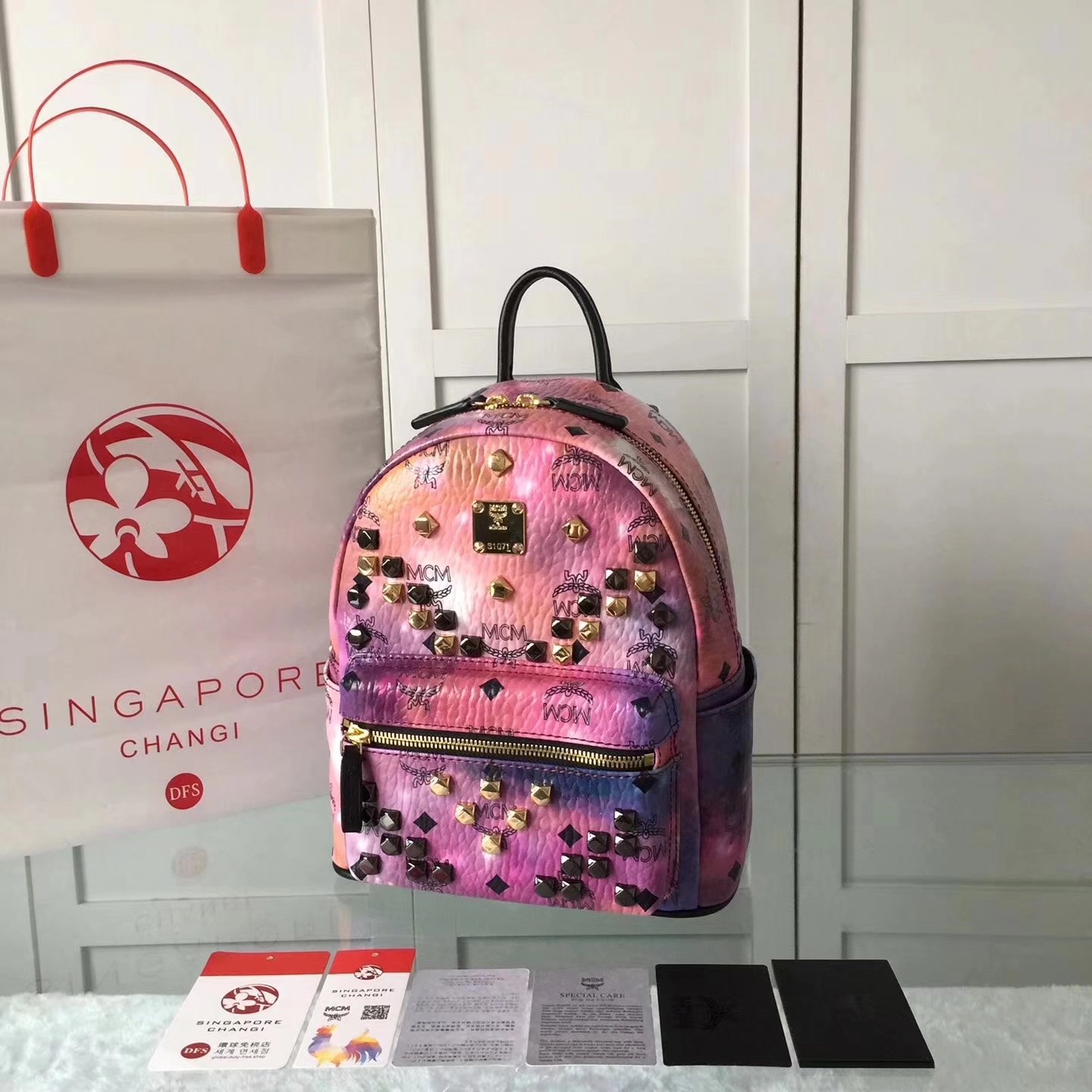 MCM Women Stark Backpack In Studded Visetos 3Size Pink