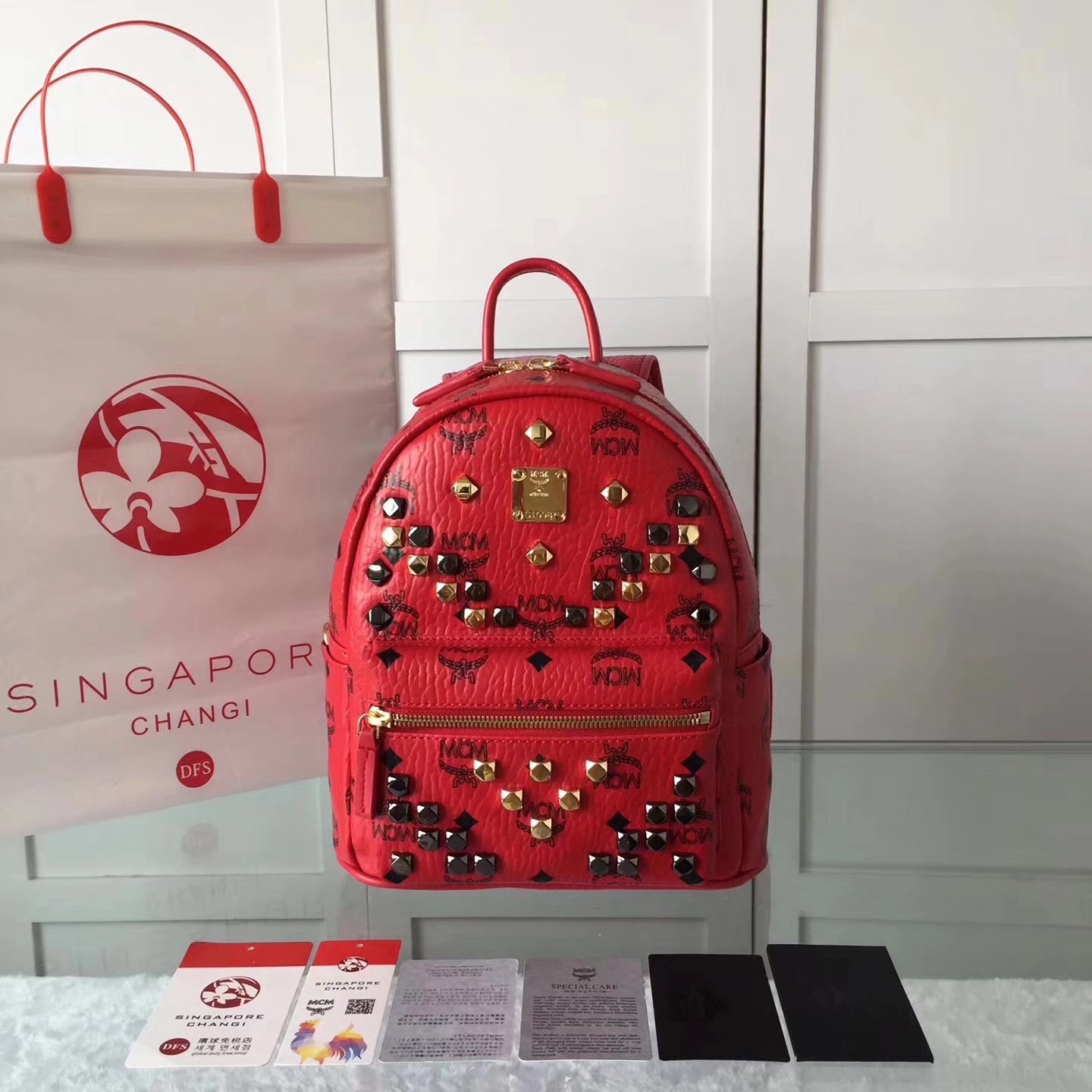 MCM Women Stark Backpack In Studded Visetos 3Size Red