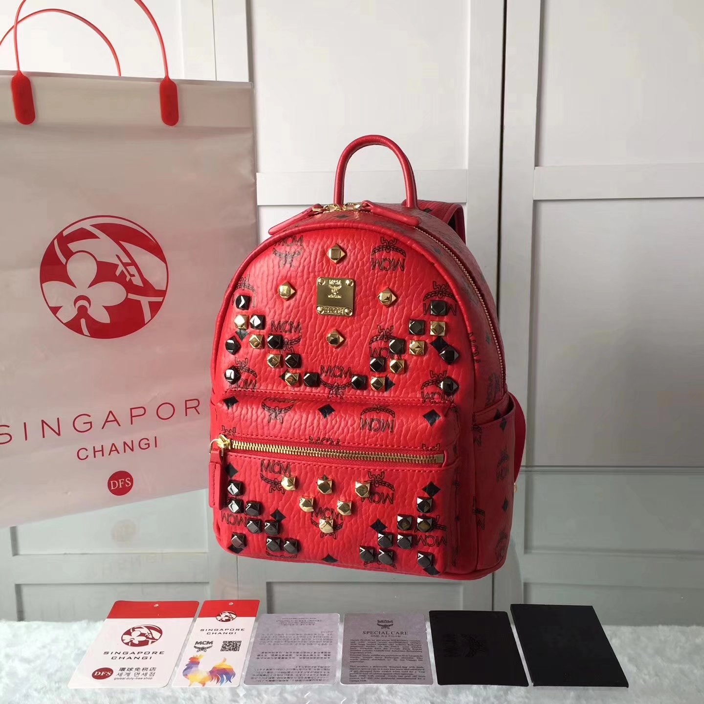 MCM Women Stark Backpack In Studded Visetos 3Size Red