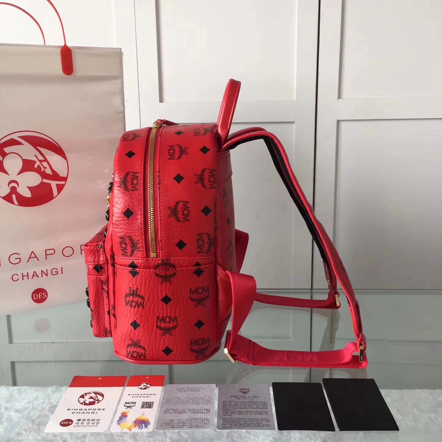 MCM Women Stark Backpack In Studded Visetos 3Size Red