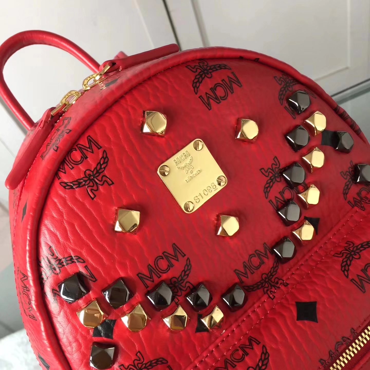 MCM Women Stark Backpack In Studded Visetos 3Size Red