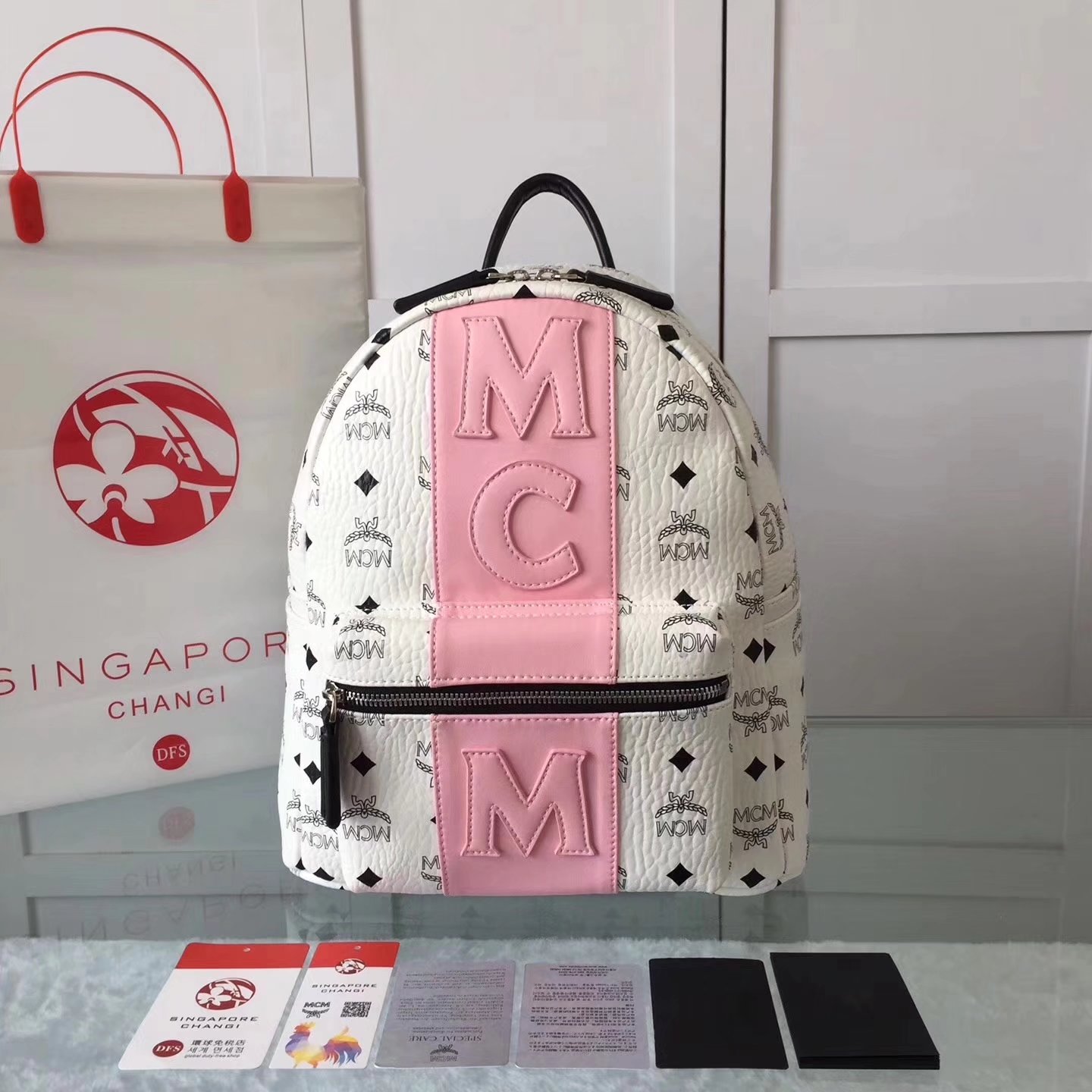 MCM Women Visetos Stark Strip Backpack White