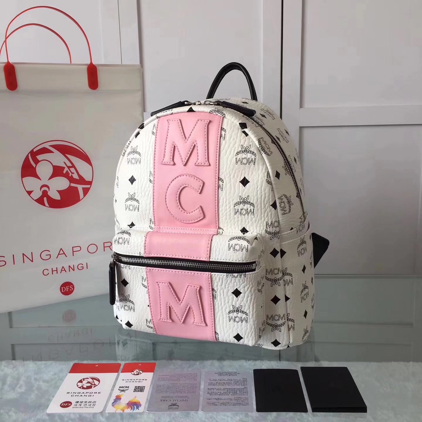 MCM Women Visetos Stark Strip Backpack White