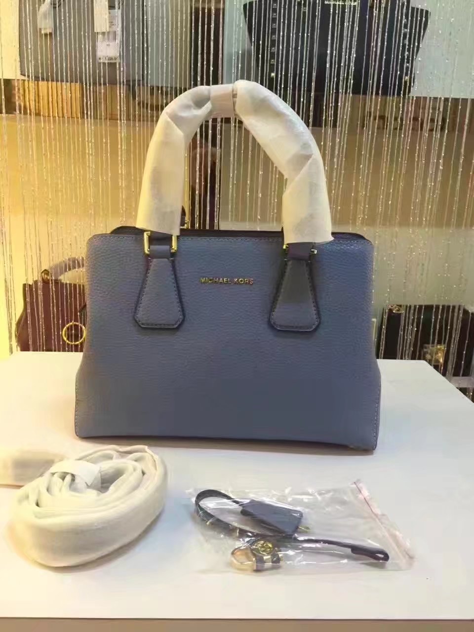 Michael Kors Mercer Large Color-Block Patent Leather Tote Light Blue