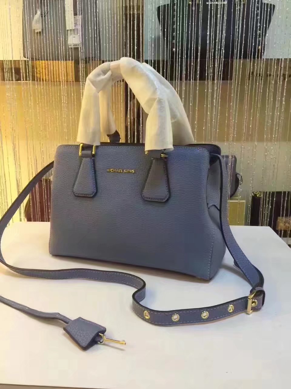 Michael Kors Mercer Large Color-Block Patent Leather Tote Light Blue