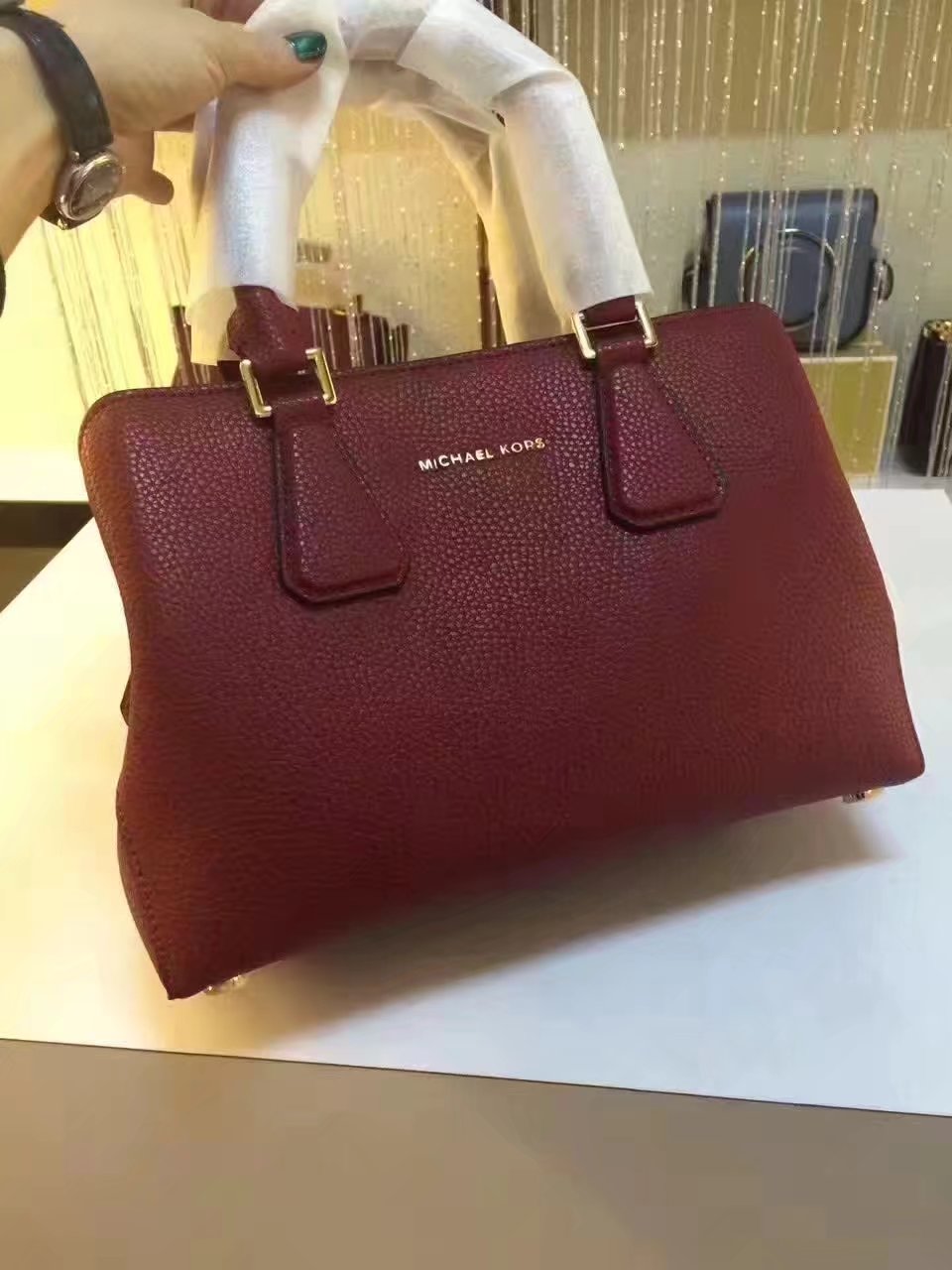 Michael Kors Mercer Large Color-Block Patent Leather Tote Red