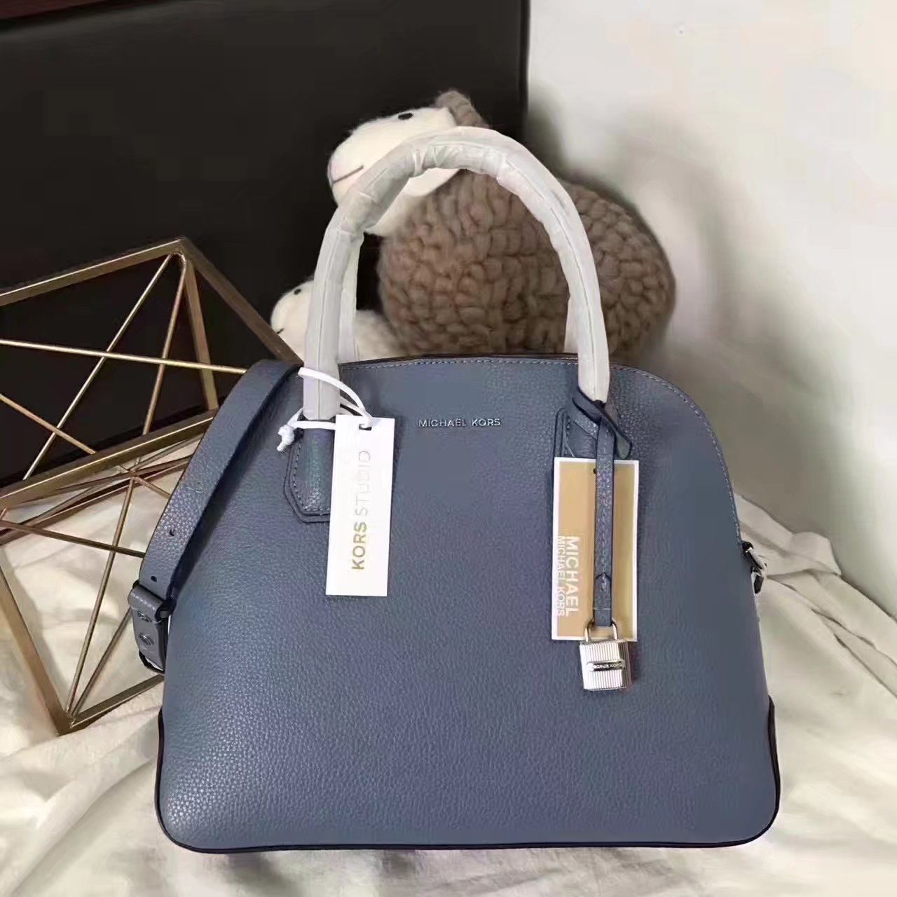 Michael Kors Mercer Large Leather Dome Satchel Blue