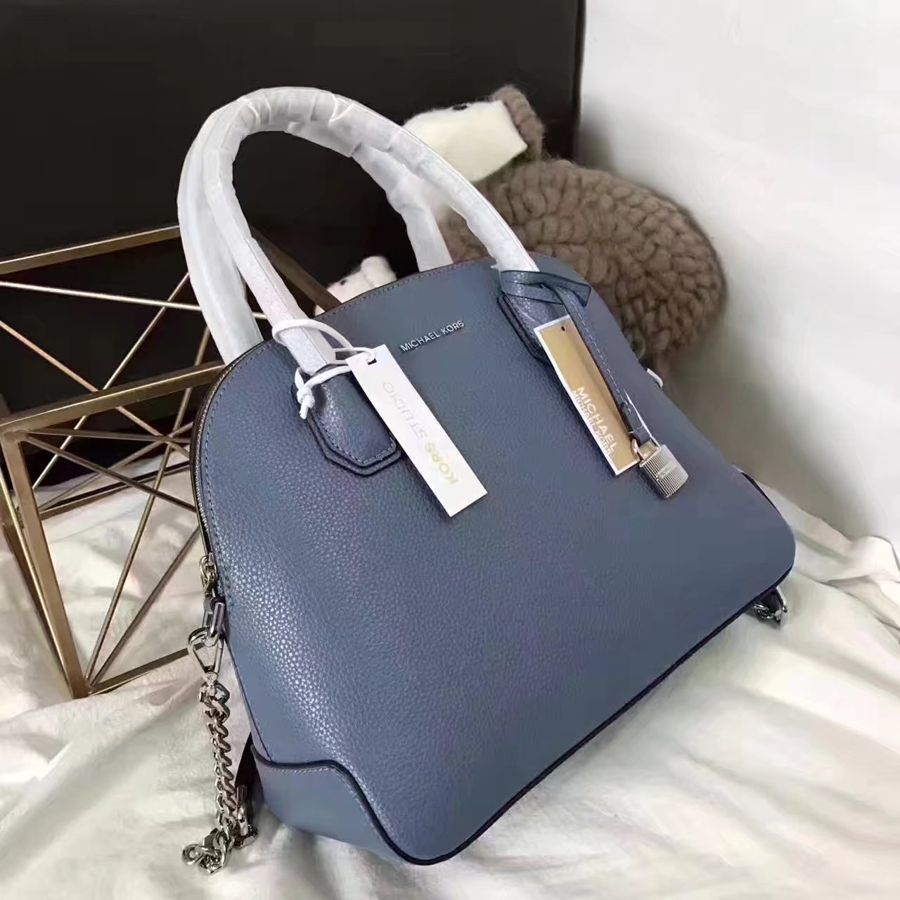 Michael Kors Mercer Large Leather Dome Satchel Blue