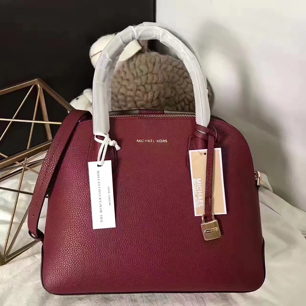 Michael Kors Mercer Large Leather Dome Satchel Red