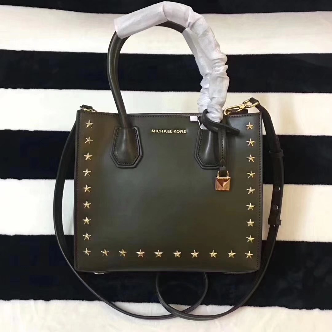 Michael Kors Mercer Leather Rivet Tote Handbag Green