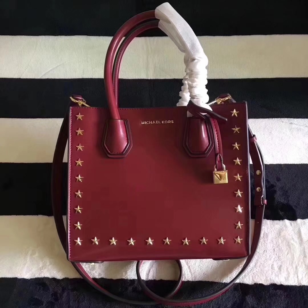 Michael Kors Mercer Leather Rivet Tote Handbag Red