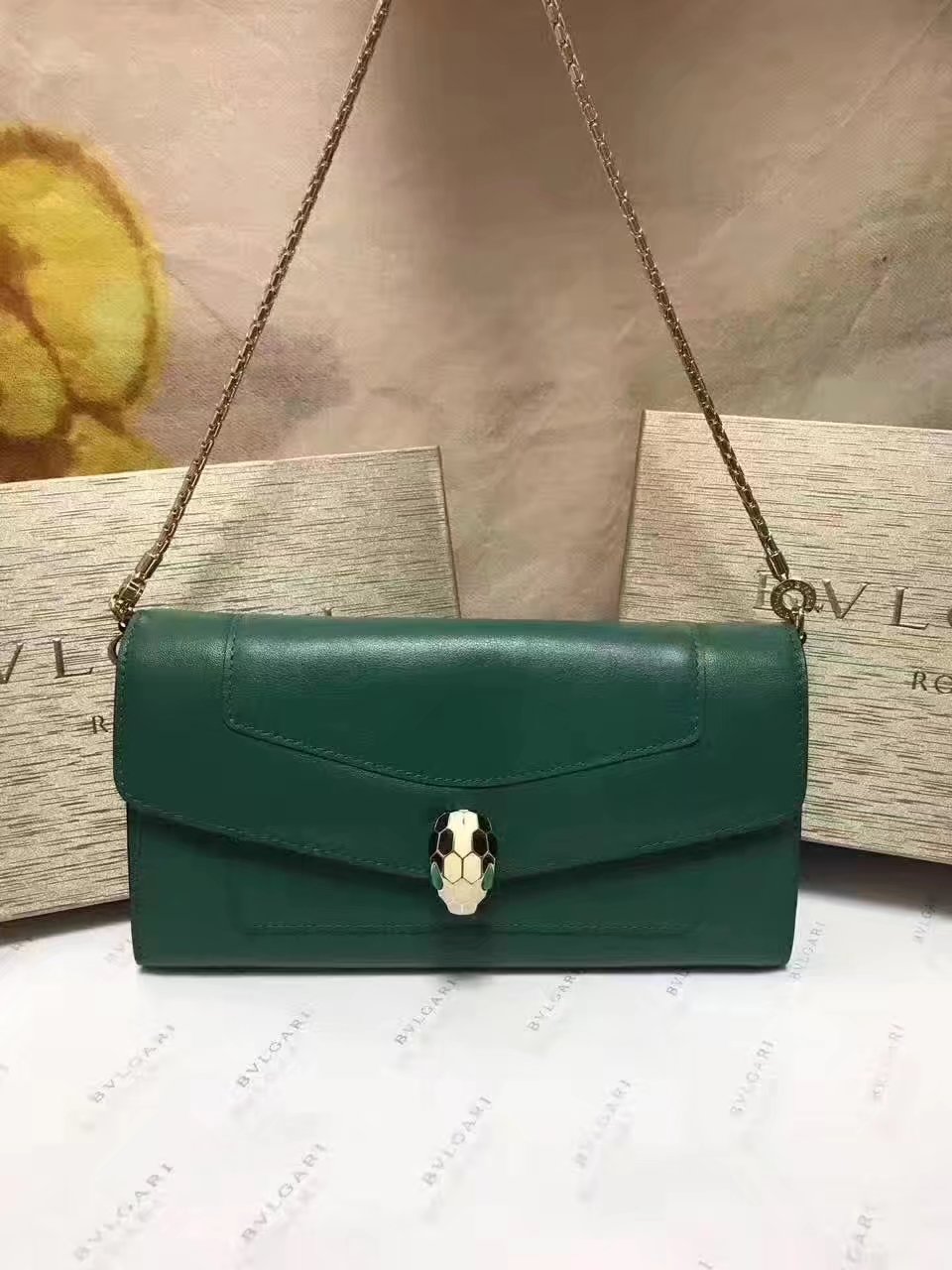 Original Bvlgarg Serpenti Forever Chain Pochette Bag Green