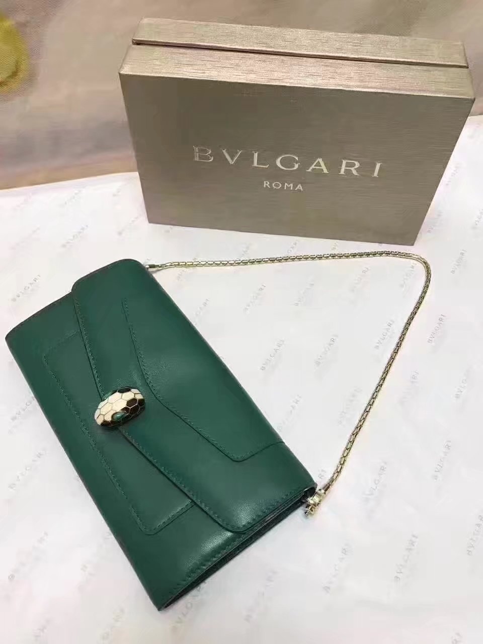 Original Bvlgarg Serpenti Forever Chain Pochette Bag Green