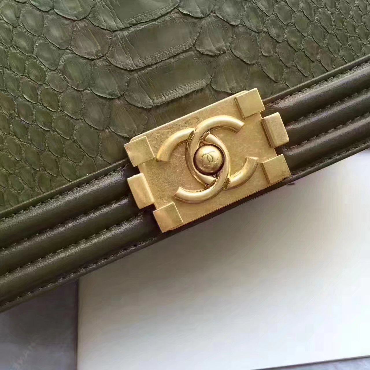 Original Chanel Boy Python Lambskin Handbag Green With Gold