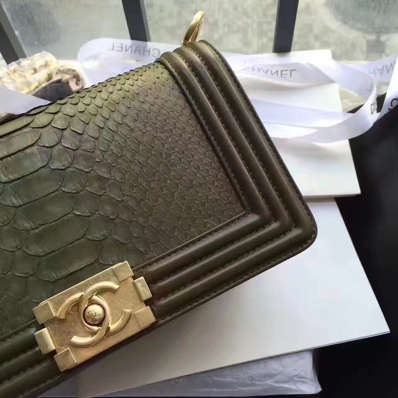 Original Chanel Boy Python Lambskin Handbag Green With Gold