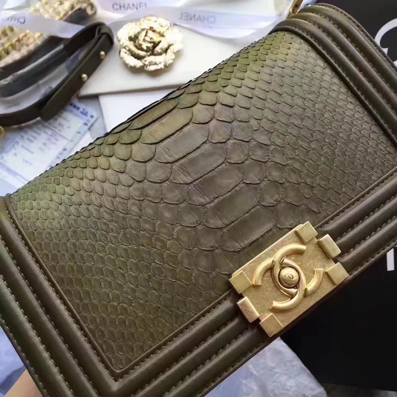 Original Chanel Boy Python Lambskin Handbag Green With Gold