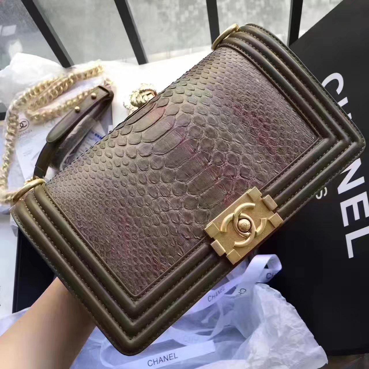 Original Chanel Boy Python Lambskin Handbag Khaki With Gold