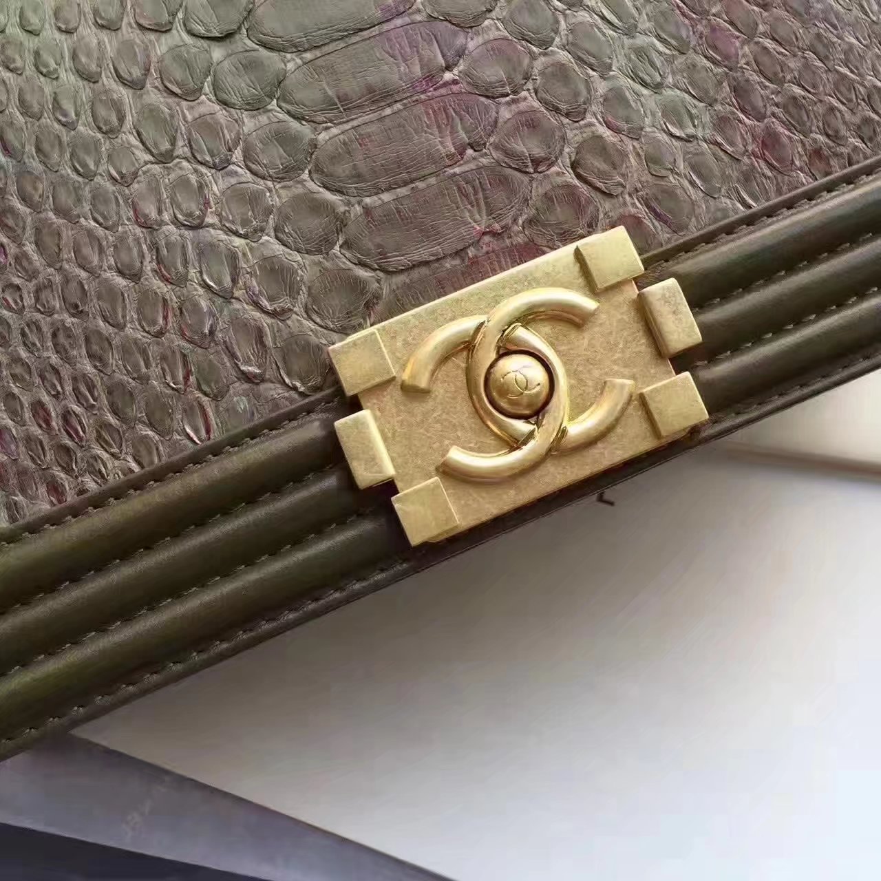 Original Chanel Boy Python Lambskin Handbag Khaki With Gold