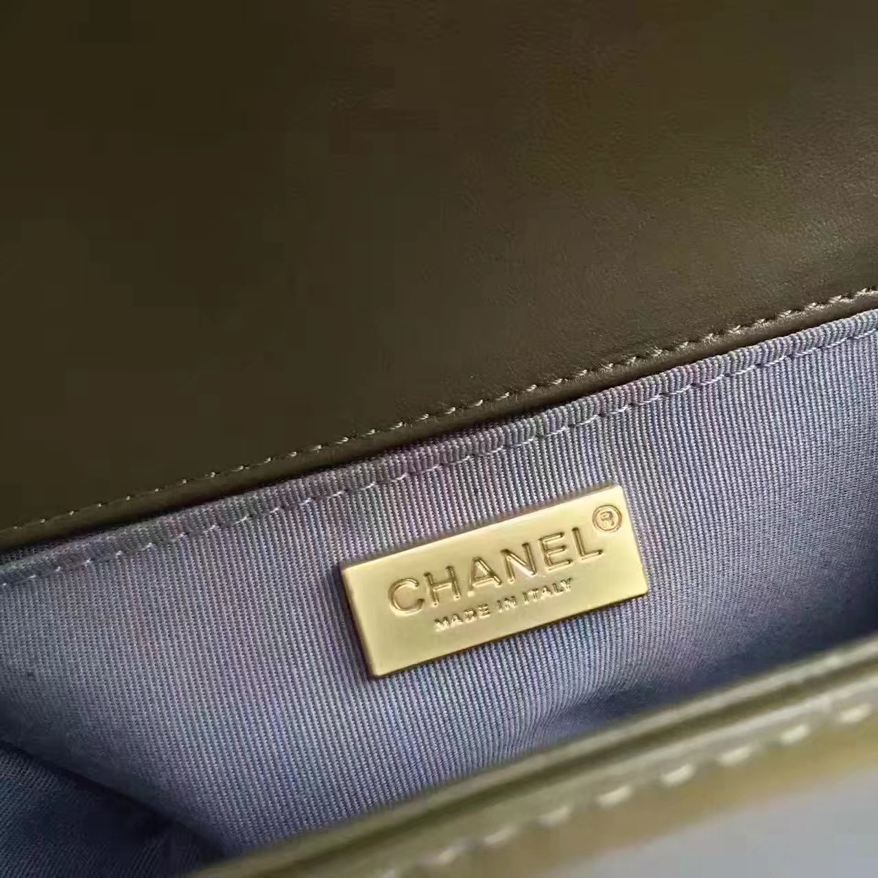 Original Chanel Boy Python Lambskin Handbag Khaki With Gold