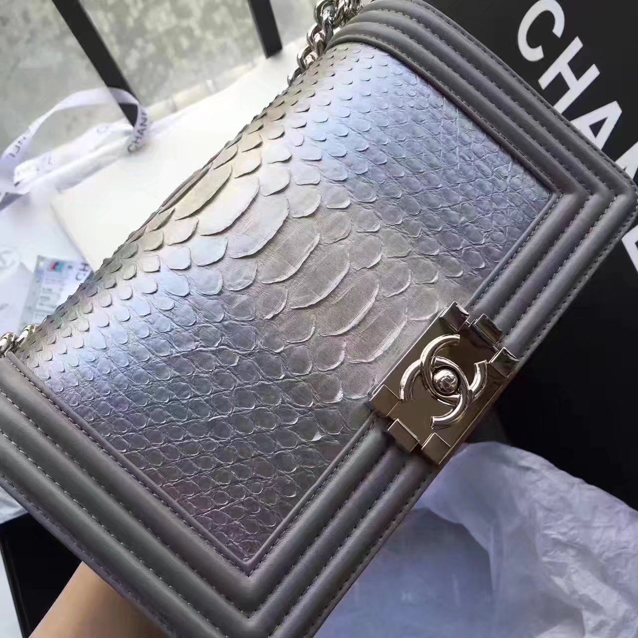 Original Chanel Boy Python Lambskin Handbag White With Silver