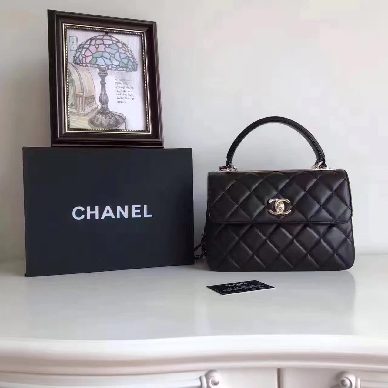 Original Chanel Flap Bag With Top Handle Lambskin Gold Black