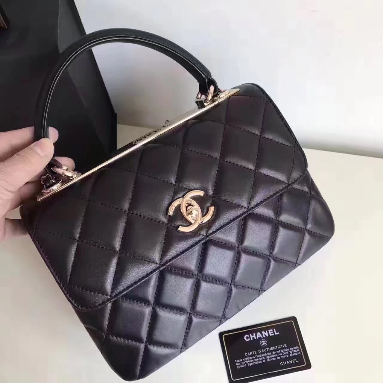 Original Chanel Flap Bag With Top Handle Lambskin Gold Black