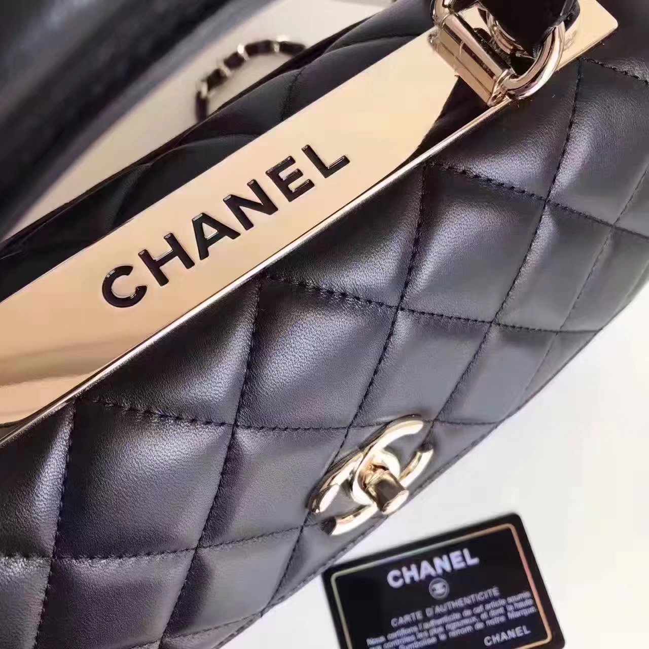 Original Chanel Flap Bag With Top Handle Lambskin Gold Black