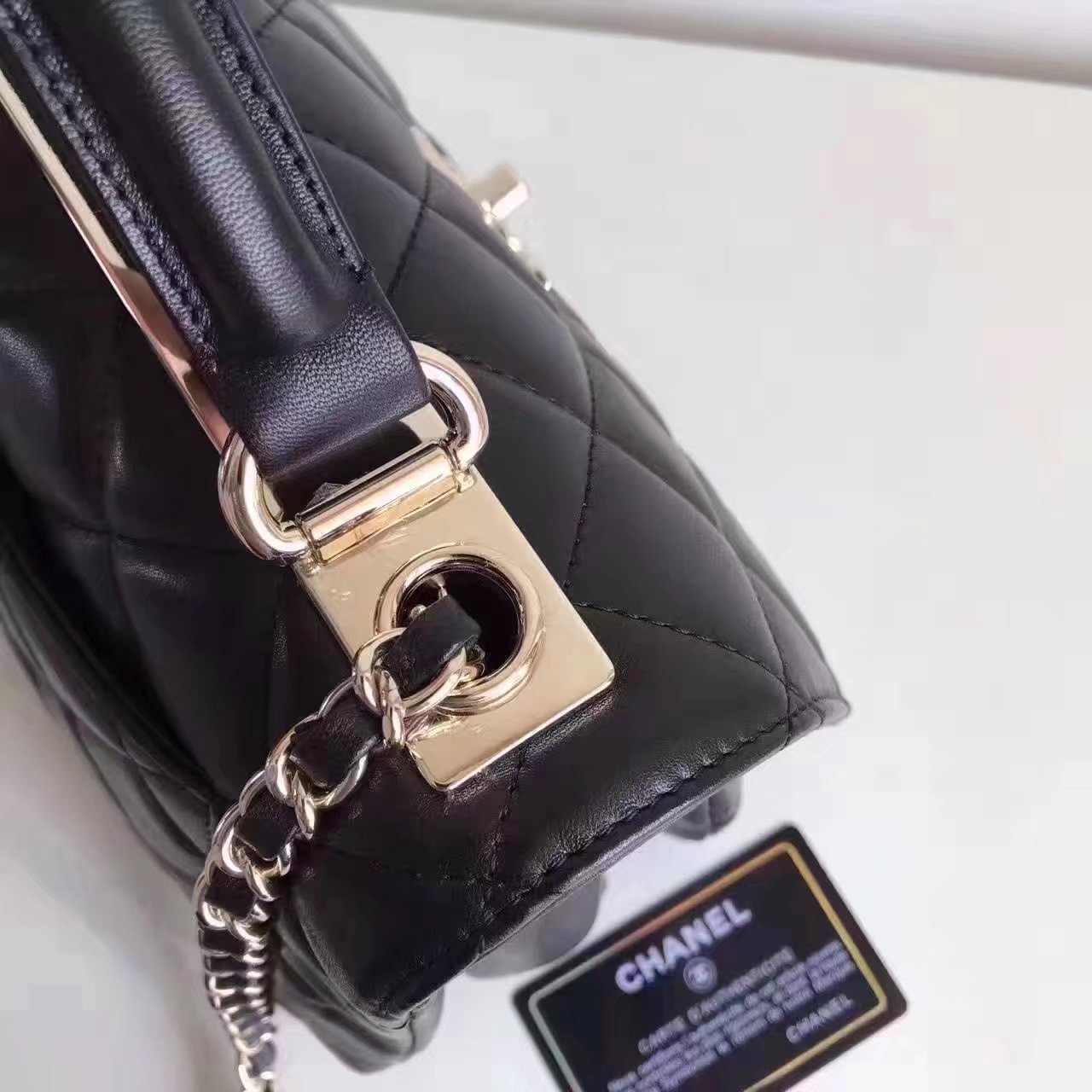 Original Chanel Flap Bag With Top Handle Lambskin Gold Black