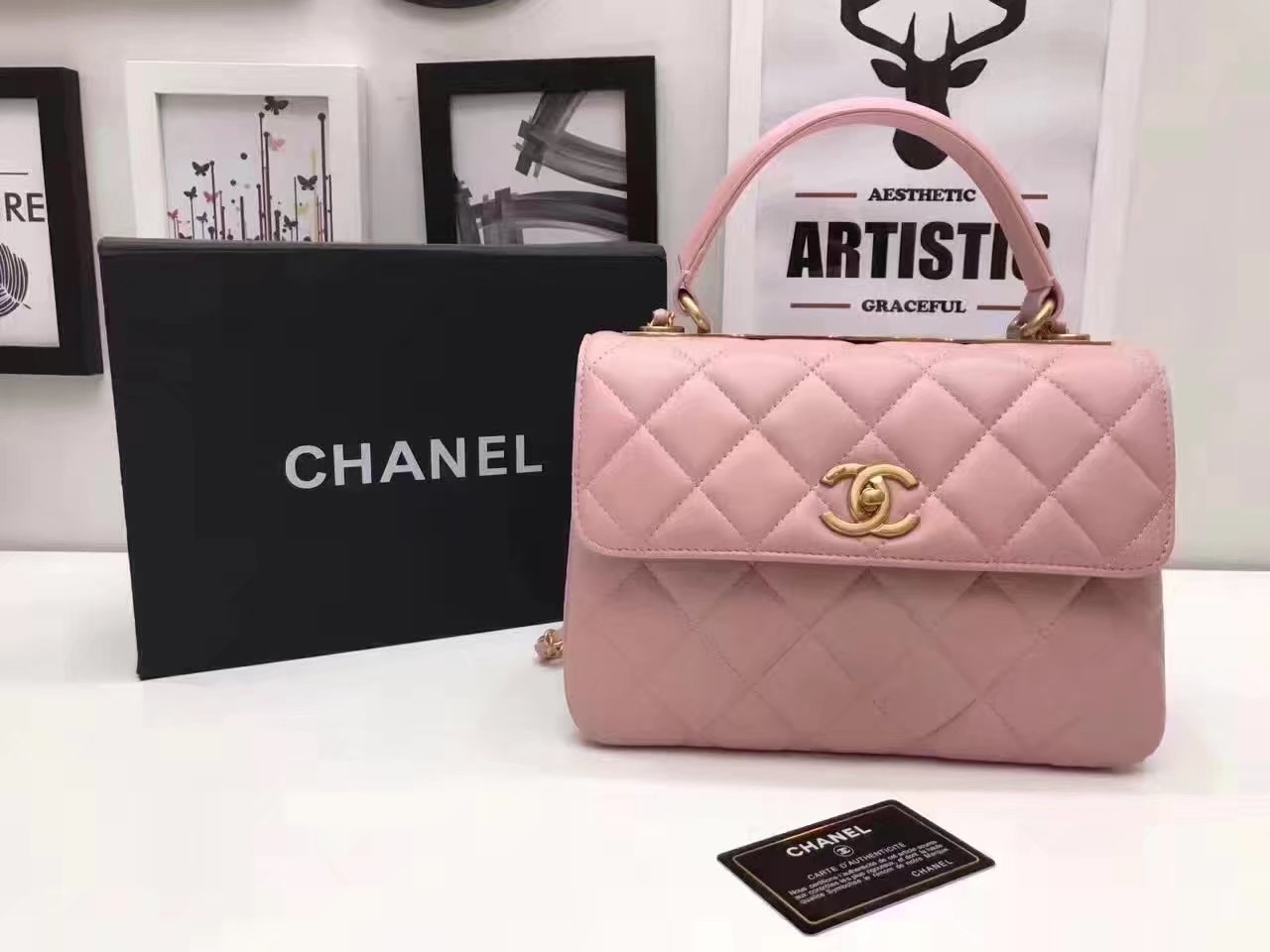 Original Chanel Flap Bag With Top Handle Lambskin Gold Pink