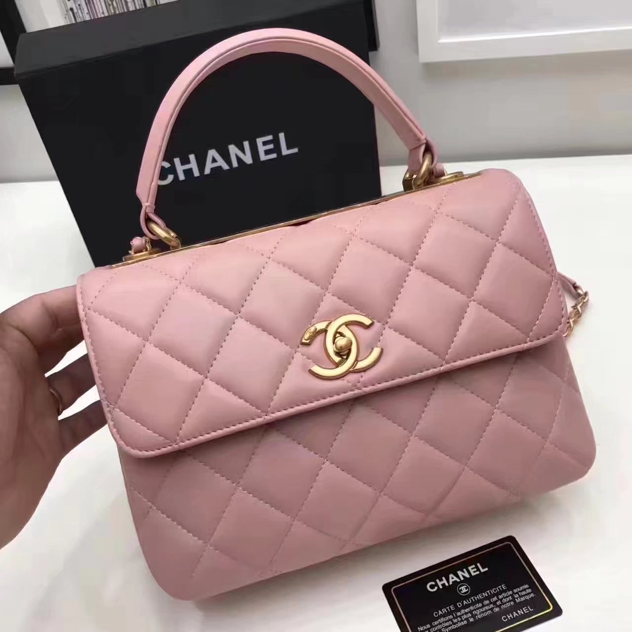 Original Chanel Flap Bag With Top Handle Lambskin Gold Pink