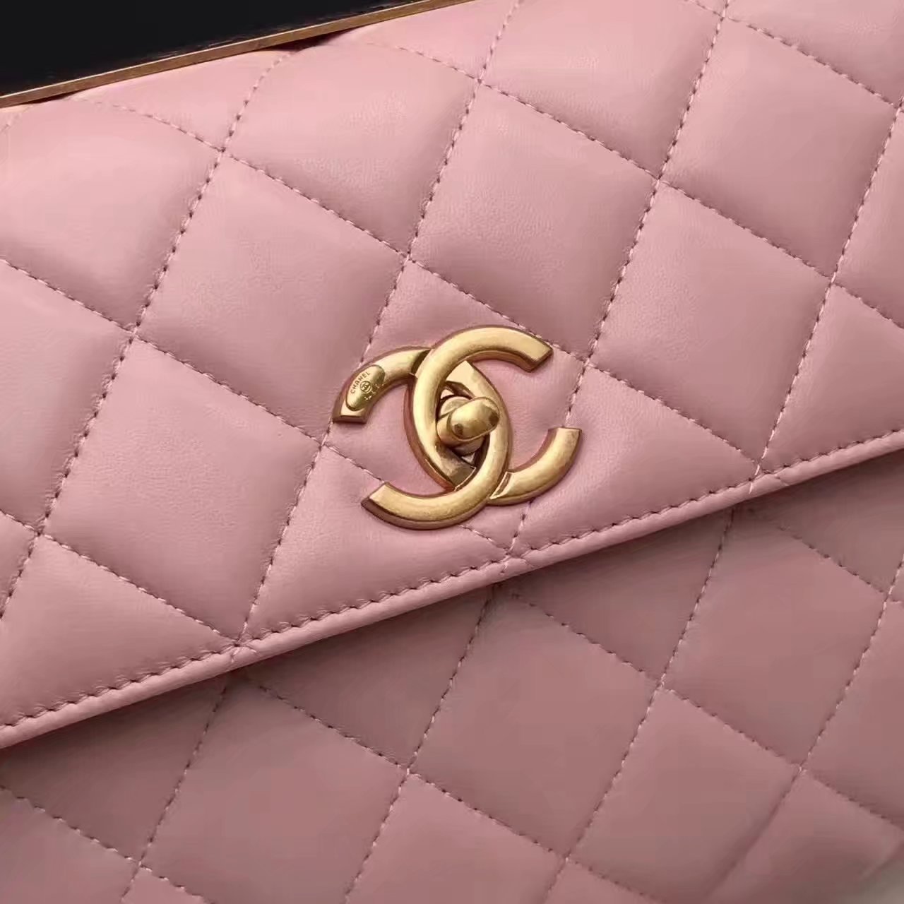 Original Chanel Flap Bag With Top Handle Lambskin Gold Pink