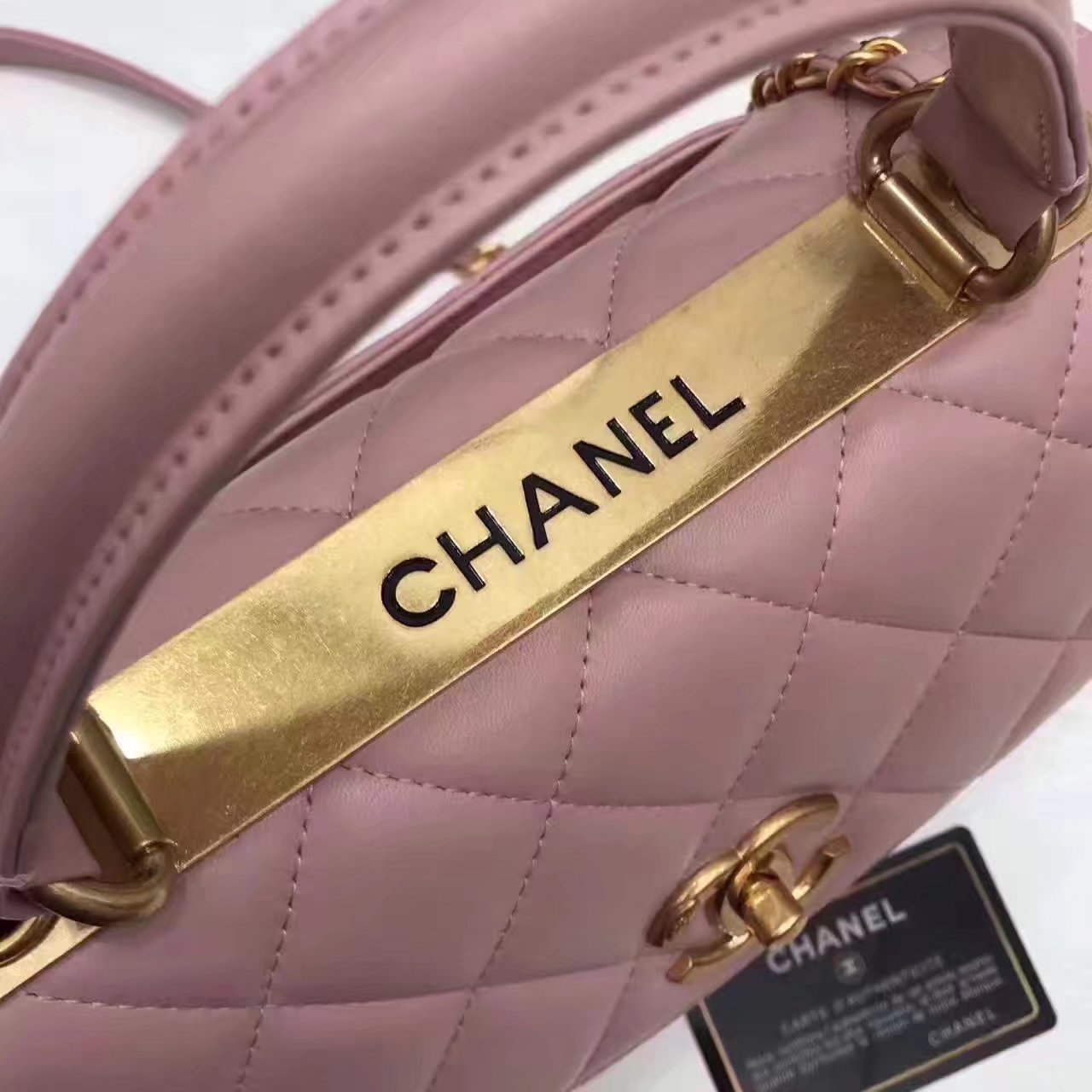 Original Chanel Flap Bag With Top Handle Lambskin Gold Pink