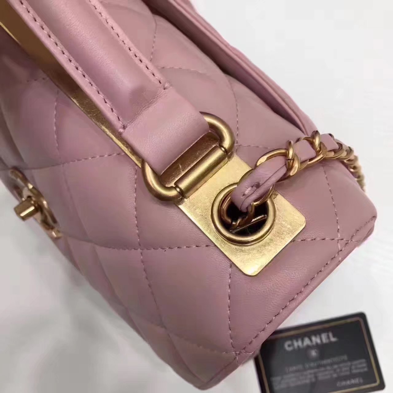 Original Chanel Flap Bag With Top Handle Lambskin Gold Pink