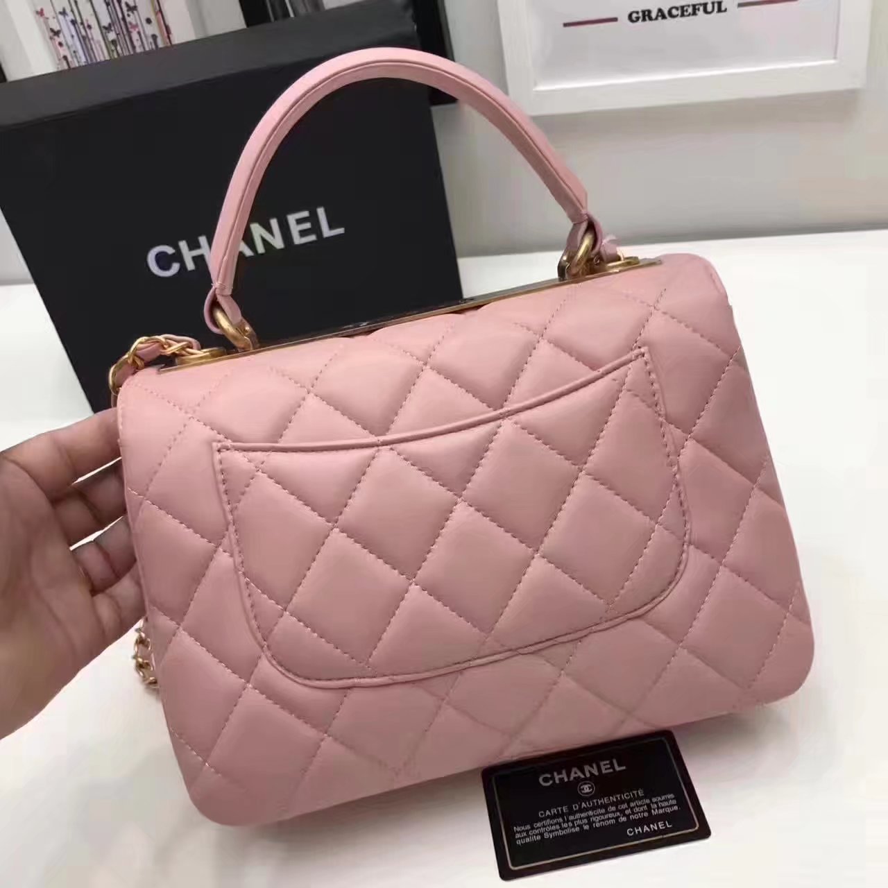 Original Chanel Flap Bag With Top Handle Lambskin Gold Pink