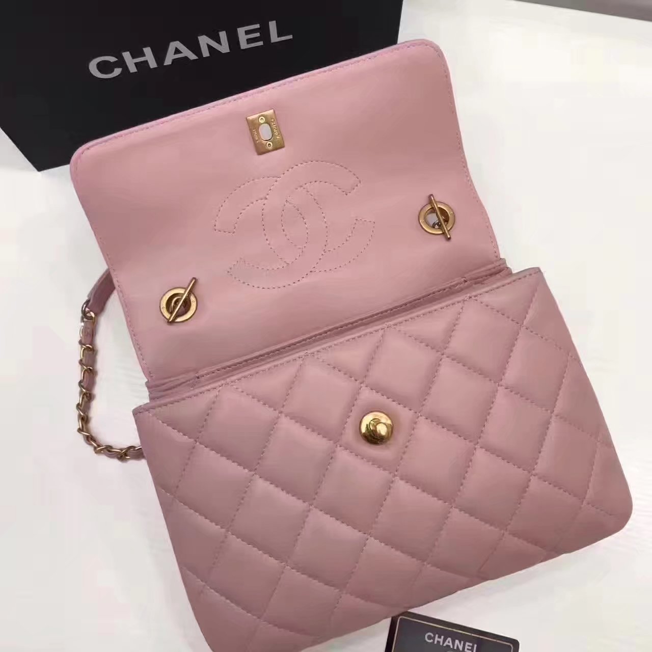 Original Chanel Flap Bag With Top Handle Lambskin Gold Pink