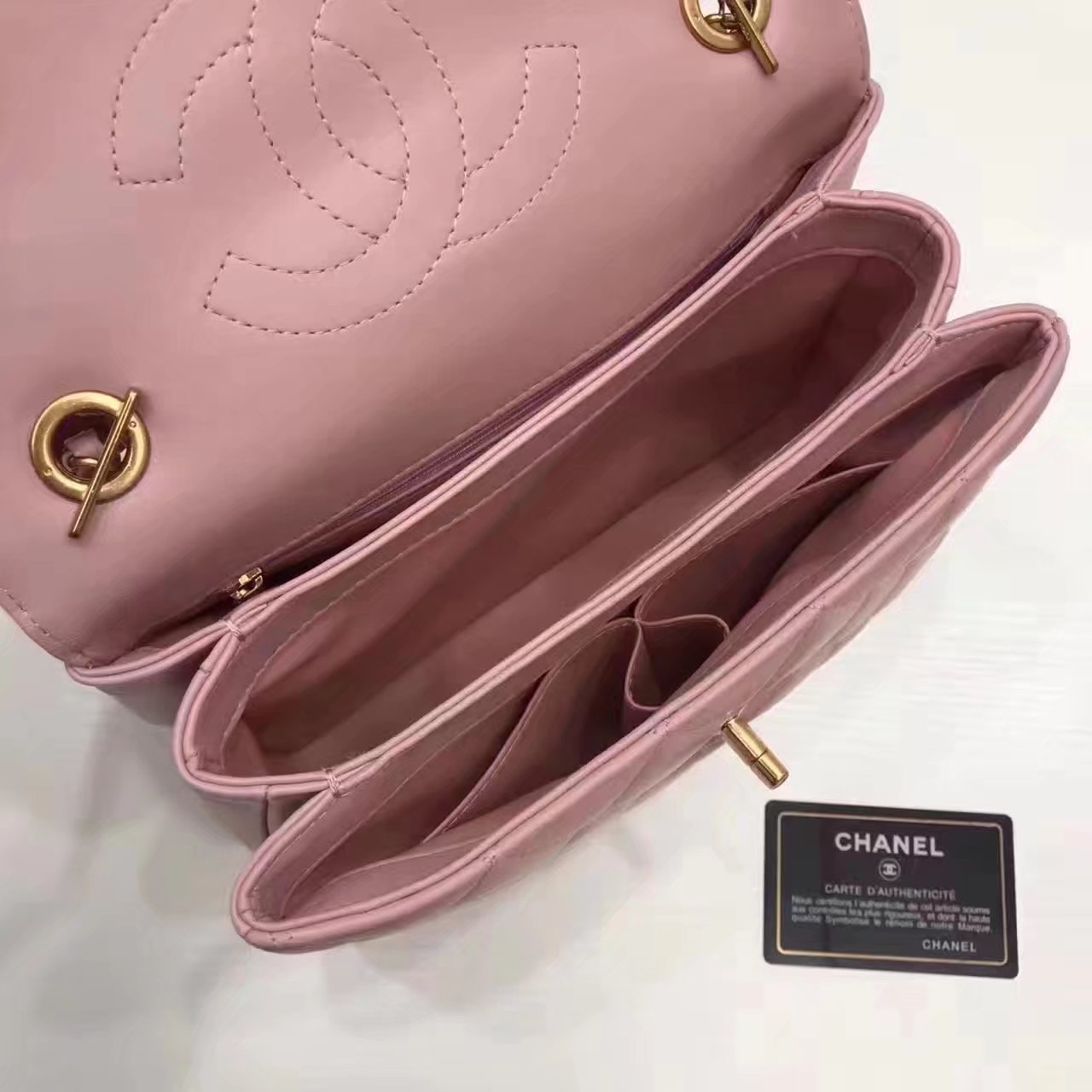 Original Chanel Flap Bag With Top Handle Lambskin Gold Pink